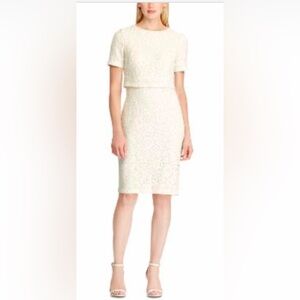 Lauren Ralph Lauren Sz 14 Lace Cream White Knee Length Short Sleeve Shea…